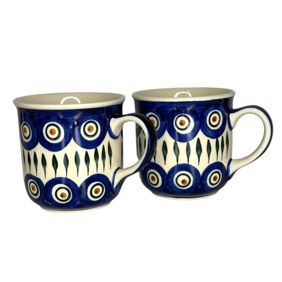 Boleslawiec Polish Pottery Peacock Mugs Pair of 2 Handmade Stoneware - Picture 3 of 9